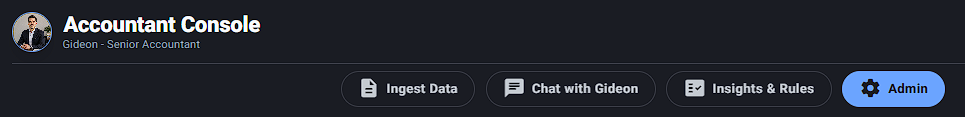Gideon’s accountant console: Gideon, Senior Accountant, with tabs for Ingest Data, Chat with Gideon, Insights and Rules, and Admin