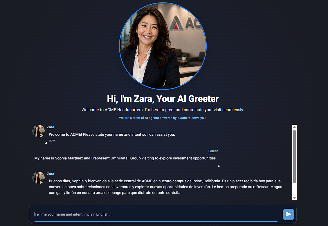 Zara greeting a visitor at a demo company’s headquarters and welcoming her by name